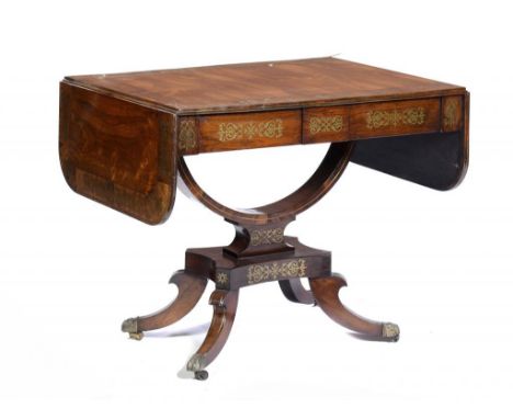 A GEORGE IV BRASS INLAID ROSEWOOD SOFA TABLE, C1825  fitted with two drawers, 70cm h; 65 x 144cm ++In sound condition with no