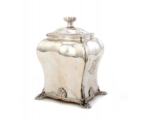 A GEORGE II SILVER BOMBÉ TEA CADDY with gadrooned rim, 13cm h, by Emick Romer, London 1759, 9ozs 10dwts ++One foot detached b