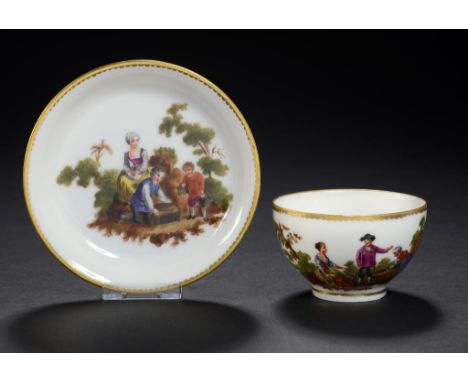 A ZURICH TEACUP AND SAUCER, C1800  painted in a bright polychrome palette with figures, saucer 12cm diam, painted Z ++Some li