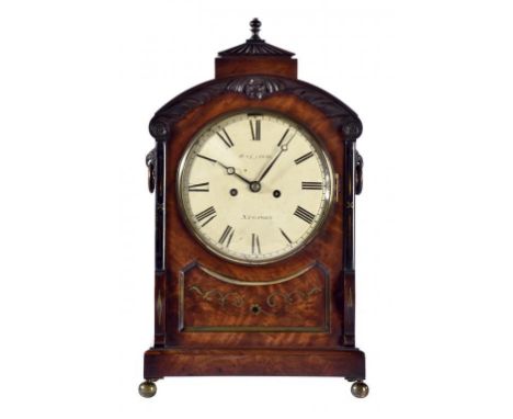 A BRASS INLAID MAHOGANY BRACKET CLOCK, WM LATCH NEWPORT, EARLY 19TH C with painted dial, Breguet hands and twin fusee movemen