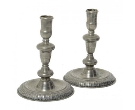 A PAIR OF GERMAN PEWTER CANDLESTICKS, 18TH C  indistinct maker's mark CTE ++Good condition with light knocks and wear.  The s