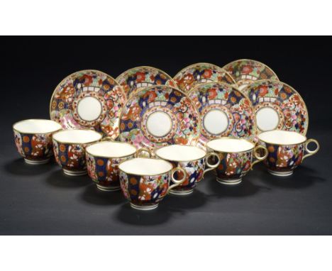 SEVEN BARR, FLIGHT & BARR JAPAN PATTERN TEACUPS AND SAUCERS, C1805-10  including an earlier matching Flight & Barr teacup, sa
