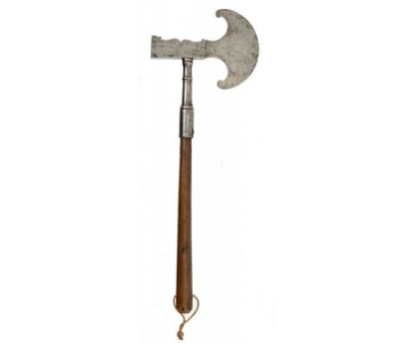 A STEEL HAND AXE, 19TH C  with peltA shaped blade and turned wood handle, 34cm l ++Blade slightly damaged, handle an old wood