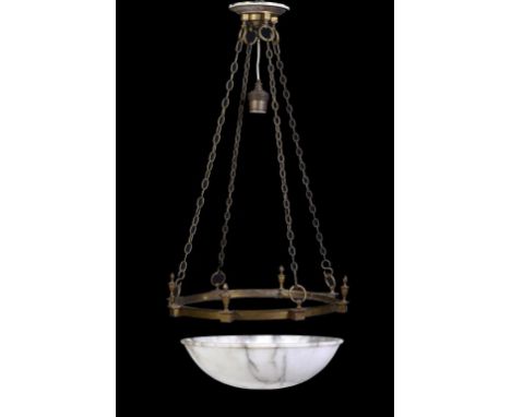 AN EARLY ELECTRIC BRASS AND ALABASTER HANGING LIGHT, C1920   suspended from rings alternating with flambeaux, 63cm w ++Star c