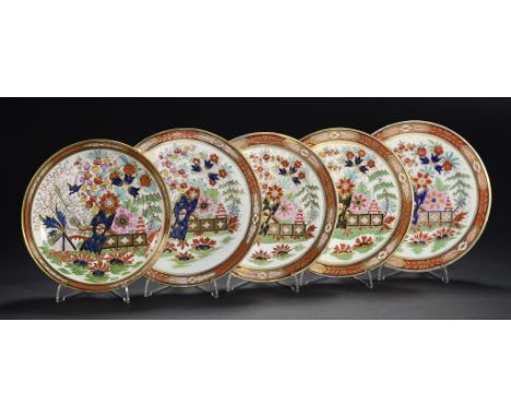 FOUR WORCESTER JAPAN PATTERN PLATES AND A SAUCER DISH, FLIGHT  PARTNERSHIPS, C1800-15  20-21cm diam, incised, impressed or pr