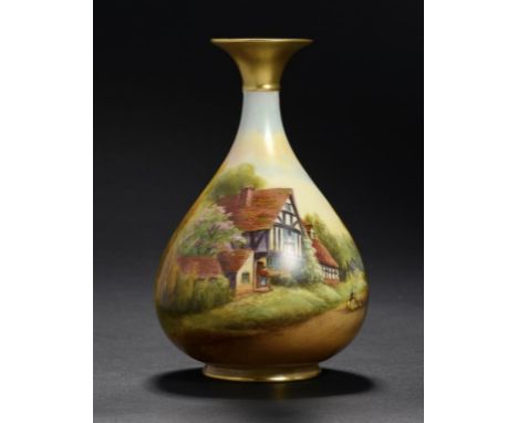 A ROYAL WORCESTER VASE, 1929  printed and painted with the village of Cropthorne, after Rushton, signed, 18.5cm h, printed ma