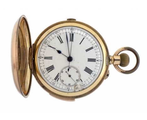 A SWISS GOLD PLATED KEYLESS LEVER HUNTING CASED QUARTER REPEATING CHRONOGRAPH, EARLY 20TH C with nickel plated movement and e