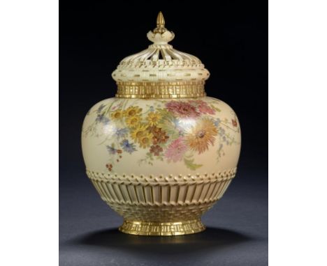 A ROYAL WORCESTER ROSE JAR, COVER AND INNER COVER, 1900  printed and painted with wild flowers on a shaded ground, 24cm h, pr
