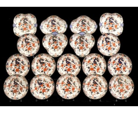 A CROWN DERBY FLUTED JAPAN PATTERN DESSERT SERVICE, 1887 including pairs of shell, lozenge and square dishes, plates 21.5cm d