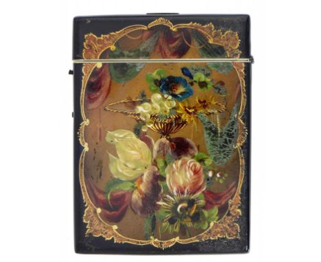 A VICTORIAN PAPIER MÂCHÉ CARD CASE, C1850 painted with a bird and flowers framed by drapery, the reverse with a panel of frui