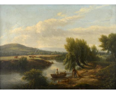 ENGLISH SCHOOL,  19TH CENTURY CUTTING WILLOWS  indistinctly signed, oil on panel, 29.5 x 39.5cm ++Repaired horizontal split i