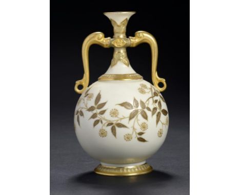 A ROYAL WORCESTER IVORY GROUND GLOBULAR VASE, 1886  with bronzed and raised gilt decoration, 17cm h, printed mark ++In fine c