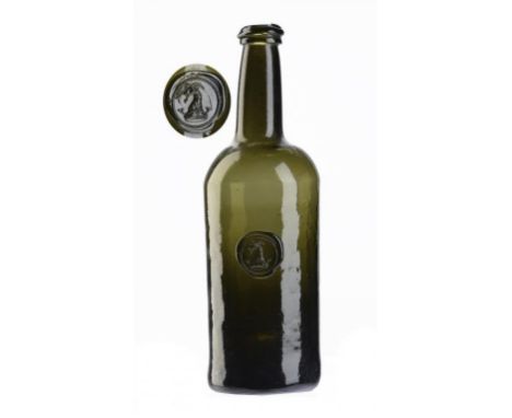 AN ENGLISH GLASS CYLINDER   BOTTLE, BAGOT SEAL, C1760-1800  27.5cm diam ++In good cellar found condition with a few light scr