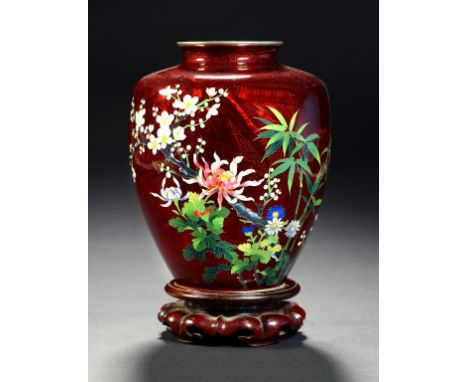 A JAPANESE CLOISONNÉ (GIN BARI) VASE, SHOWA PERIOD  silver plated rims, 18cm h, stamped CLOISONNÉ, wood stand ++In fine condi