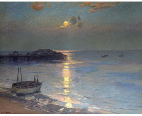 JULIUS OLSSON, RA, RBA (1864-1942) THE PIER-A NOCTURNE signed, oil on canvas, 100 x 125cm, in the original giltwood and compo