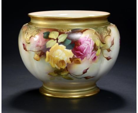 A ROYAL WORCESTER JARDINIERE, 1910,  painted by W J Jarman, signed, with roses in Hadley style, 20.5cm h, printed mark ++Fine