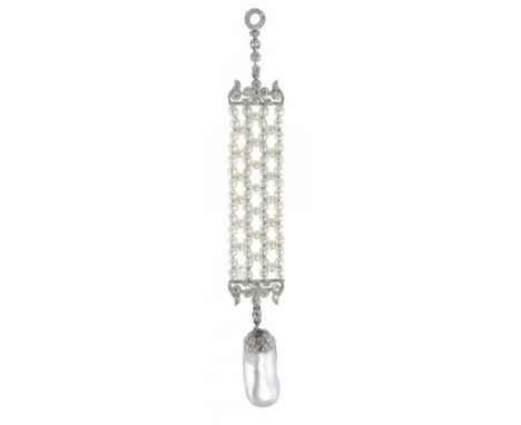 A NATURAL PEARL, DIAMOND, CULTURED PEARL AND PLATINUM PENDANT the irregular filled,  hollow open-back natural blister pearl (