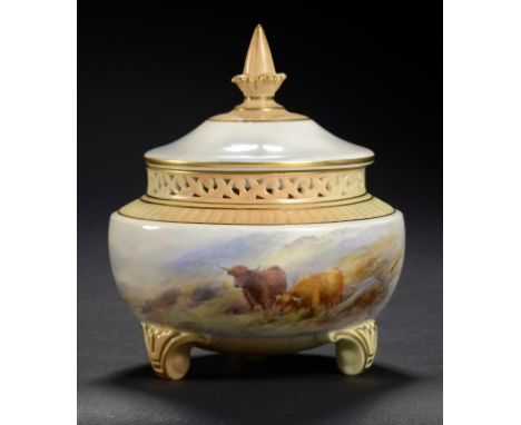 A ROYAL WORCESTER POT POURRI VASE COVER AND INNER COVER, 1912  the vase painted by H Stinton, signed, with highland cattle in