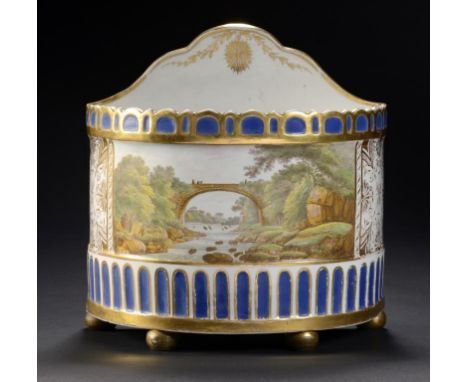 AN ENGLISH PORCELAIN BOUGH POT, Wxxx FACTORY, C1800  painted with a rectangular panel of travellers crossing a bridge   in bl