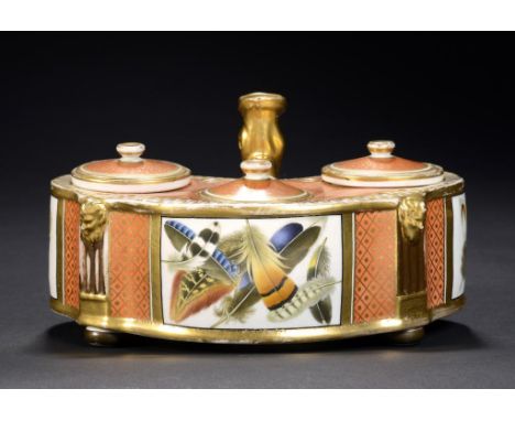 A CHAMBERLAIN WORCESTER ORANGE GROUND INKSTAND, C1815 very finely painted with three rectangular panels of feathers, having g