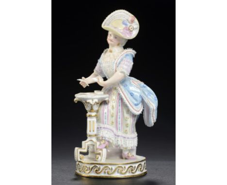A MEISSEN FIGURE OF A LADY PLAYING PATIENCE, LATE 19TH C 16cm h, incised F65, impressed 100, crossed swords ++Typical loss to