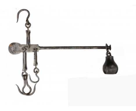 A TURNOVER  BUTCHER'S STEELYARD, 19TH C  the notched beam graduated with scales from 1 to 16 and from 15 to 55, with bell sha