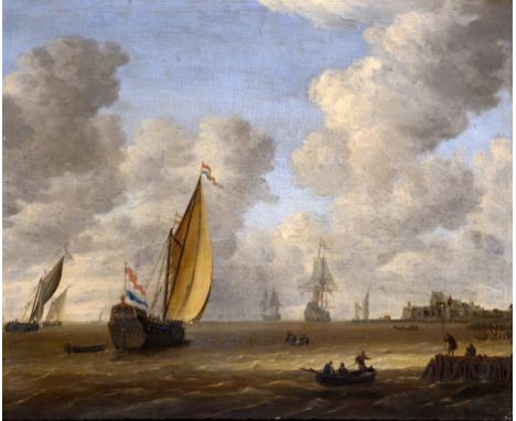 FOLLOWER OF LUDOLF BAKHUIZEN   A DUTCH MAN O'WAR AND OTHER VESSELS  OFF THE COAST OF HOLLAND  oil on canvas, 82 x 75cm ++Reli