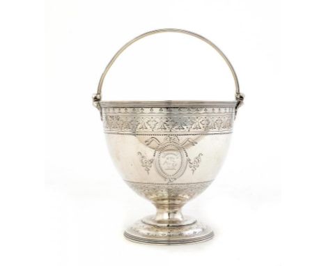 A VICTORIAN SILVER SUGAR BASKET crested, 12cm h, by Edward Barnard & Sons, London 1864, 9ozs  ++Light wear