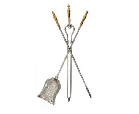 A SET OF THREE VICTORIAN BURNISHED STEEL FIRE IRONS WITH BRASS HANDLES, MID 19TH C  tongs 74cm l ++In good condition with ple