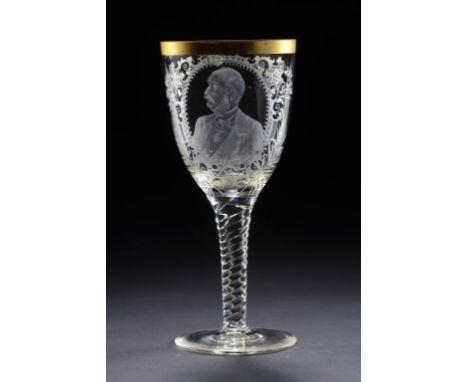 A FINE GERMAN ENGRAVED GLASS ROYAL PORTRAIT GOBLET, HESSEN (KASSEL), BY ALBERT WIEGEL, DATED 1897 the gilt bowl cut in tiefsc