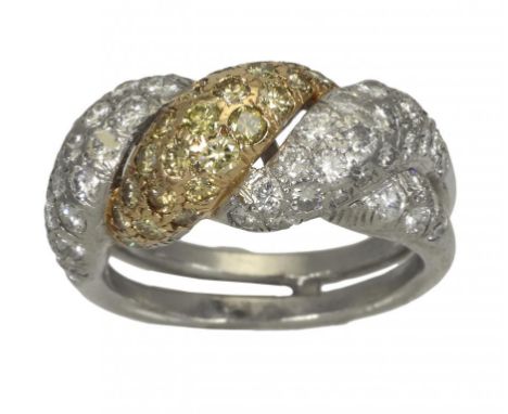 A DIAMOND AND YELLOW DIAMOND PAVÉ SET GOLD AND YELLOW GOLD COCKTAIL RING 10.8g, size N ++A very costly ring in second hand co