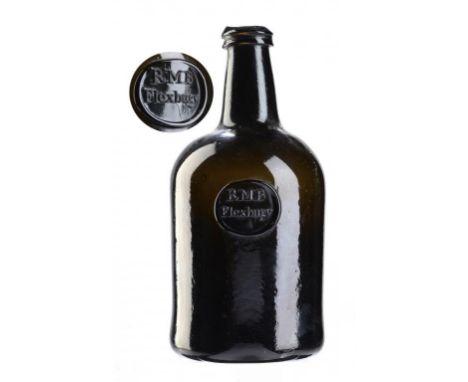 AN ENGLISH GLASS SQUAT CYLINDER BOTTLE, RMB FLEXBURY SEAL, C1800 23cm h The initials are those of Richard Martyn Braddon of F