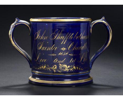 A STAFFORDSHIRE COBALT GROUND LOVING CUP, DATED 1858  with gilt inscription John Shufflebotham Painter Cheadle 1858 Live and 