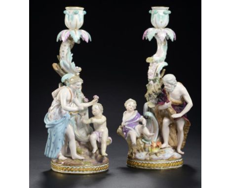 TWO MEISSEN SPRING AND WINTER FIGURAL CANDLESTICKS, LATE 19TH C  29 and 30cm h, incised 1197 or 2547, one impressed 51, cross
