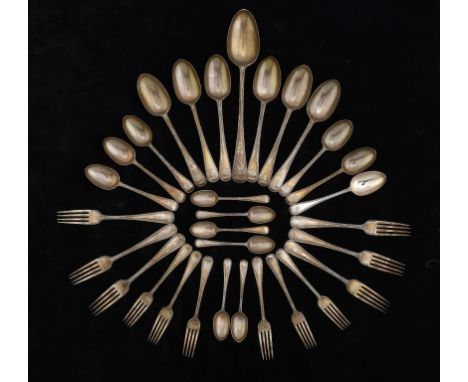 A VICTORIAN SILVER TABLE SERVICE  Beaded Old English pattern, crested, by Chawner & Co, London 1865, the teaspoons 1863 and 6