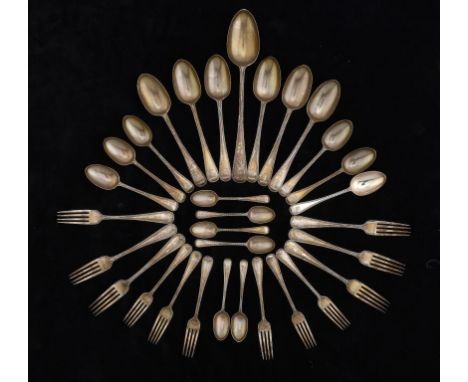 A VICTORIAN SILVER TABLE SERVICE  Beaded Old English pattern, crested, by Chawner & Co, London 1865, the teaspoons 1863 and 6