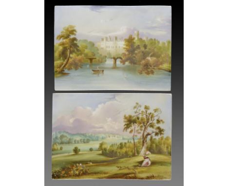 TWO OUTSIDE DECORATED DAVENPORT PORCELAIN PLAQUES, C1820  painted with Warwick Castle from the River Avon and  a country hous