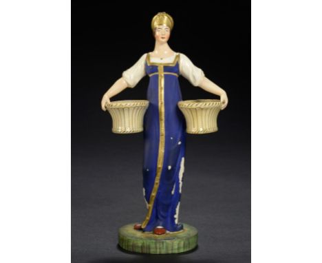 A RUSSIAN PORCELAIN FIGURE OF A WOMAN CARRYING BASKETS PROBABLY GARDNER FACTORY, C1820 25cm h, unmarked ++Little finger of ri