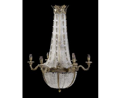 A GILT BRASS AND GLASS TENT -AND-BAG   CHANDELIER, SECOND QUARTER 20TH C  of eighteen lights, 103cm h approx,  ++In basically