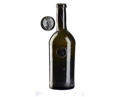 AN ENGLISH GLASS HALF SIZE CYLINDER  BOTTLE, BAGOT SEAL, C1760-1810  24cm h ++In good cellar found condition with light scrat