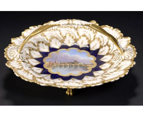 A CHAMBERLAIN WORCESTER BASKET, C1820  printed and painted with a view of Worcester from the River Severn in raised gilt fram