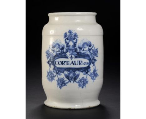 A DUTCH DELFTWARE  DRUG JAR, LATE 18TH C  painted in underglaze blue with label inscribed CORT:AUR:CON, 25.5cm h ++Foot broke