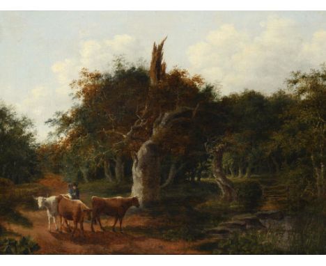 ATTRIBUTED TO GEORGE VINCENT (1796-1831) A DROVER AND THREE CATTLE IN A WOOD  oil on canvas, 46 x 61.5cm ++Lined and restored