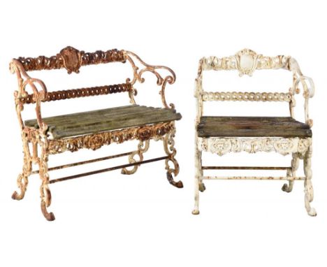 AN ENGLISH CAST IRON ROCOCO REVIVAL GARDEN SEAT AND MATCHING ARMCHAIR,  20TH C  88 and 66cm w ++One front foot of bench broke