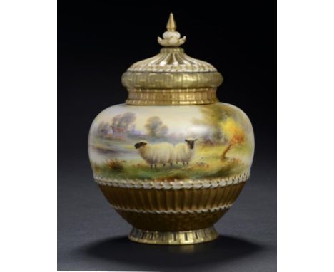 A ROYAL WORCESTER ROSE JAR, COVER AND INNER COVER, 1923 the jar painted by H Davis, signed, with sheep in a landscape, 18cm h