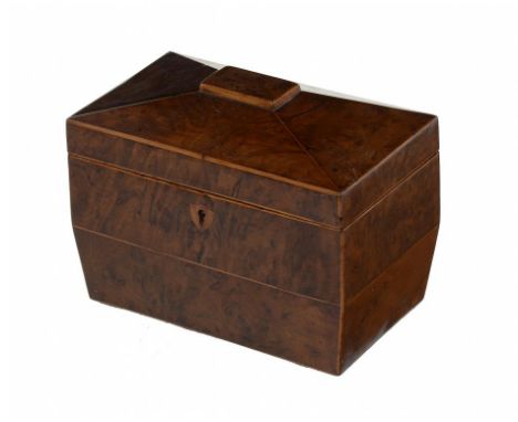 A REGENCY YEW WOOD AND STRING INLAID TEA CADDY, C1820-30  the interior with a pair of covers, 19cm w ++Brass lock original, l