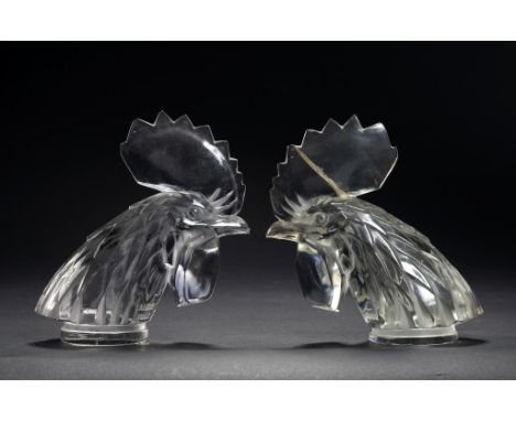TETE DE COQ.  TWO LALIQUE SEMI FROSTED GLASS MASCOTS, DESIGNED 1928   one of slightly tinted glass, 18cm h, impressed  LALIQU