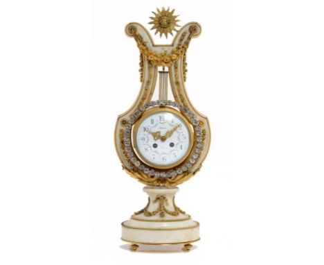 A FRENCH ORMOLU MOUNTED MARBLE LYRE CLOCK IN LOUIS XVI STYLE, LATE 19TH C  with swinging paste set bezel, the enamel dial pai