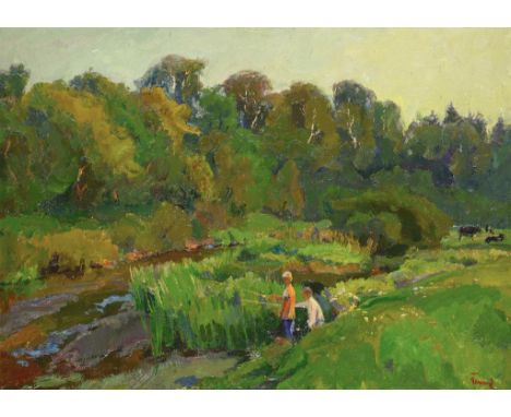 LEONID PETROVICH TIKHOMIROV (1925-) A SUMMERS EVENING ON THE RIVER  signed, signed again verso, oil on canvas laid on board, 