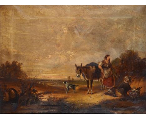 FOLLOWER OF WILLIAM SHAYER  A GLEANER AND BOY WITH THEIR ANIMALS IN A LANDSCAPE  oil on canvas, 44 x 59cm ++Old patch repair 